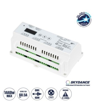 GloboStar® 71449 D12 SKYDANCE DC DMX & RDM Dimmer Din Rail Ράγας High Speed Controller - Decoder - Master 12 Καναλιών DC 12-24V 12 x 5A 120W - Max 60.5A 1440W - IP20 Μ15.5 x Π9 x Υ6cm - 5 Years Warranty